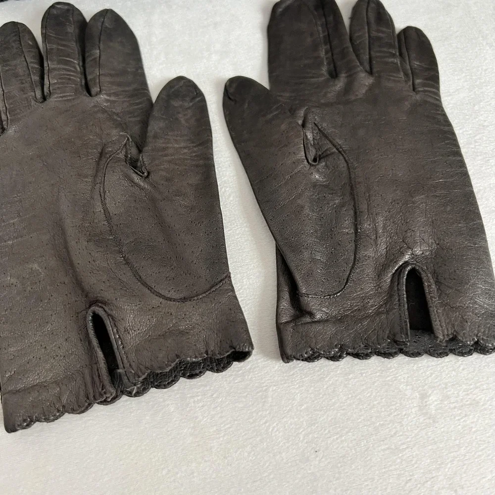 Vintage Van Raalte Leather Gloves Womens‎ 7.5 Brown Dress Scalloped 80s 90s